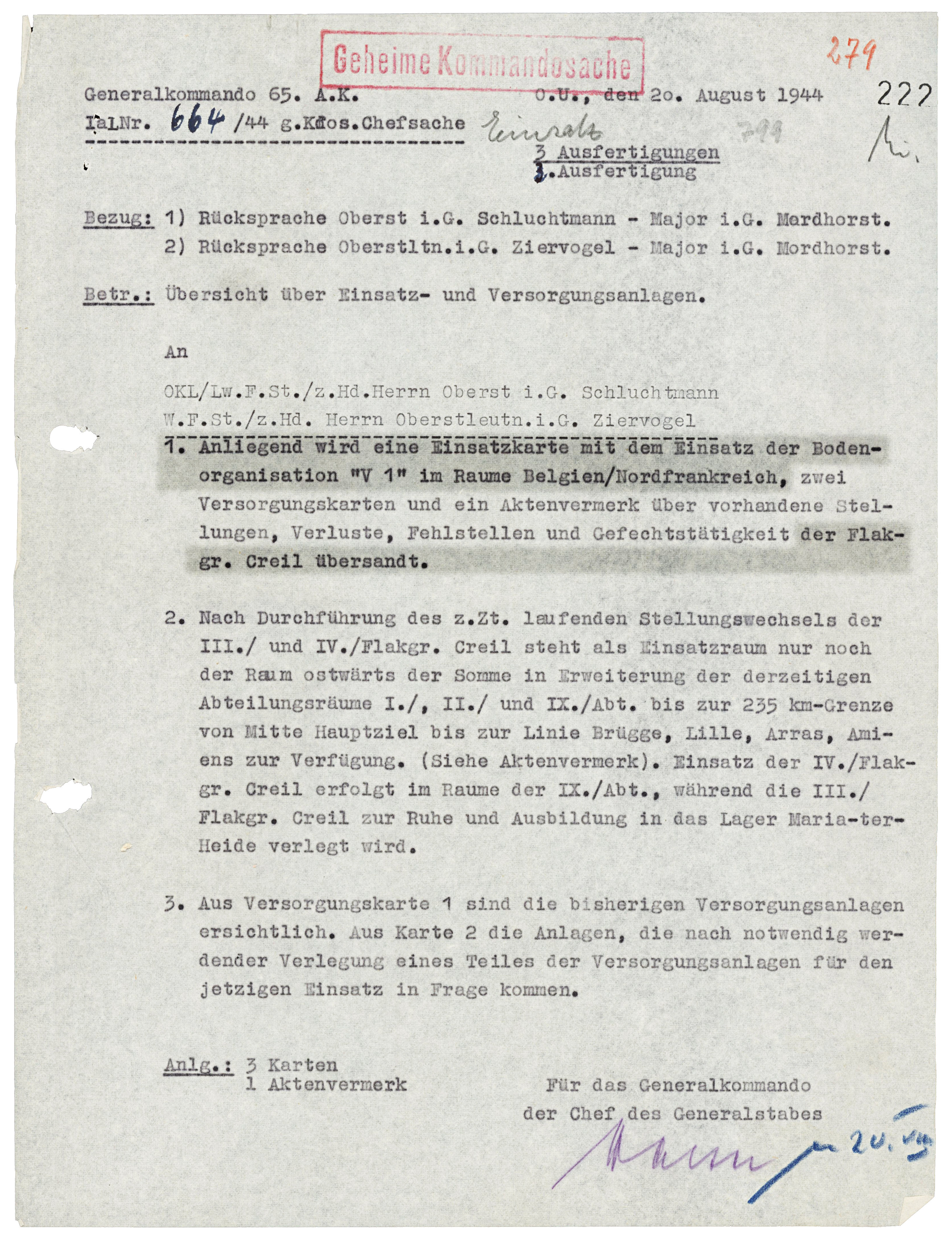 Einsatzkarte für die Fieseler Fi 103 in Frankreich und Belgien